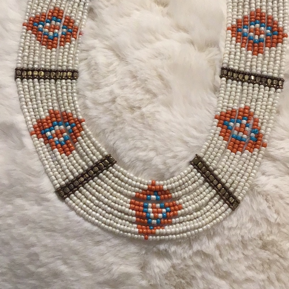 South Western Style Native American Beaded Turquoise and Brass Beaded Necklace - Picture 6 of 8